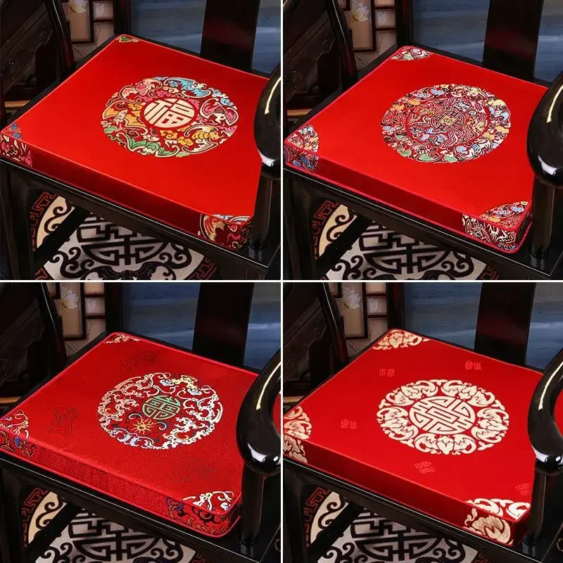 New Chinese Style Satin Print Mahogany Chair Cushion Non-slip Dining Chair Pad Soft Tea Chair Mat for Living Room Home Decor