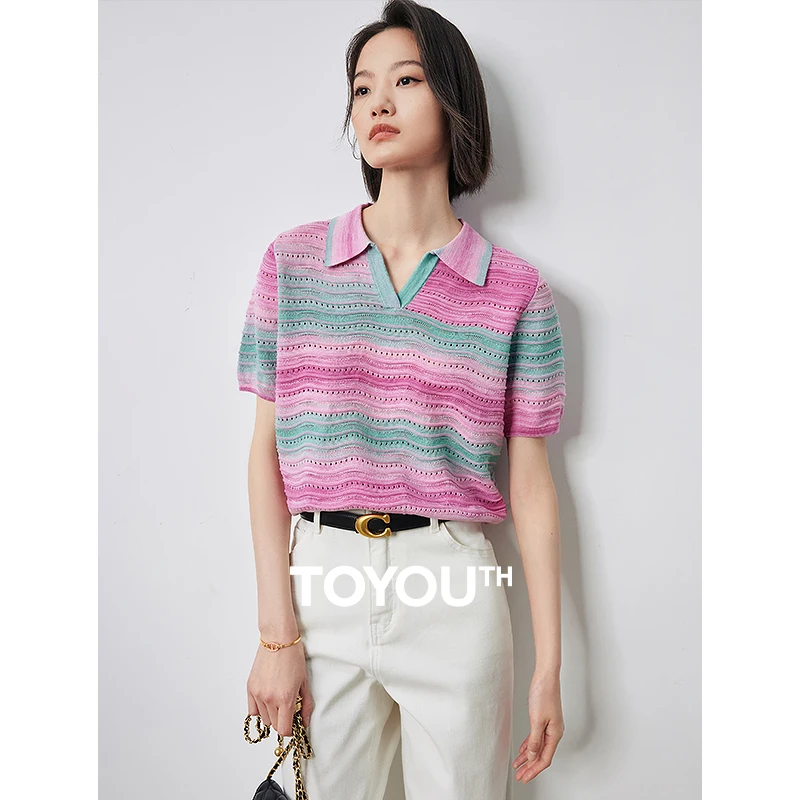 TOYOUTH Women's Knitted Shirt 2024 Summer New Rainbow Stripe Gradient Tencel Wave Top