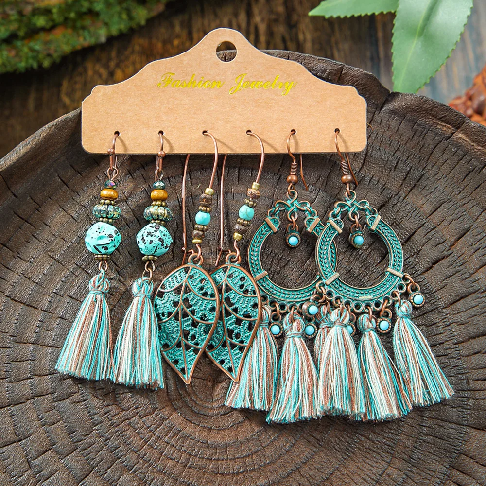 6 women\'s vintage tassel combination earrings set with bohemian style fake earrings