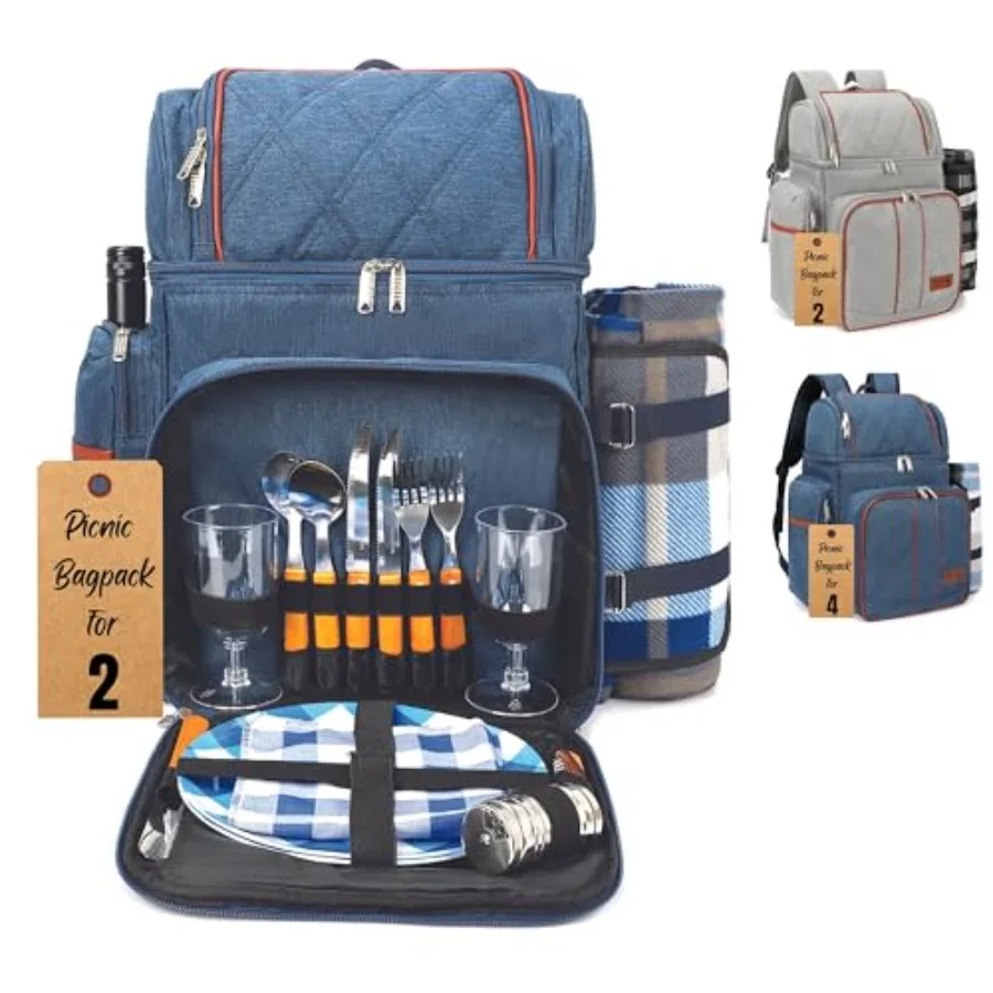 

Picnic Backpack for Camping, Picnic Basket for with Insulated Cooler Bag and Bottle Pouch, Camping Gifts for Couples with Light