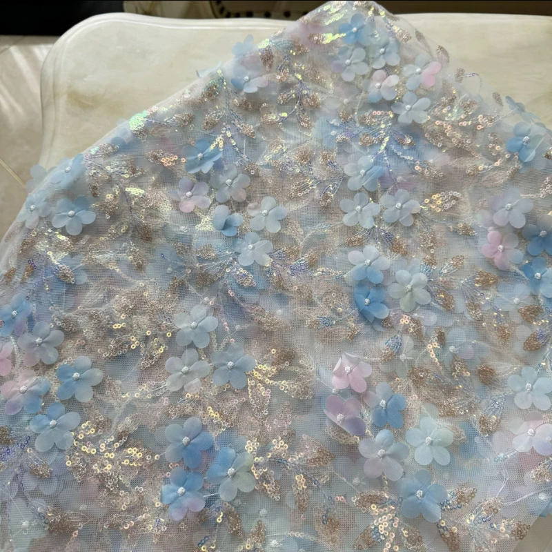 Gradient Color Flower-patterned Sequin Fabric 3D Laser Brightening Effect Lace Fabric for DIY Dresses Stage Costumes Decorative