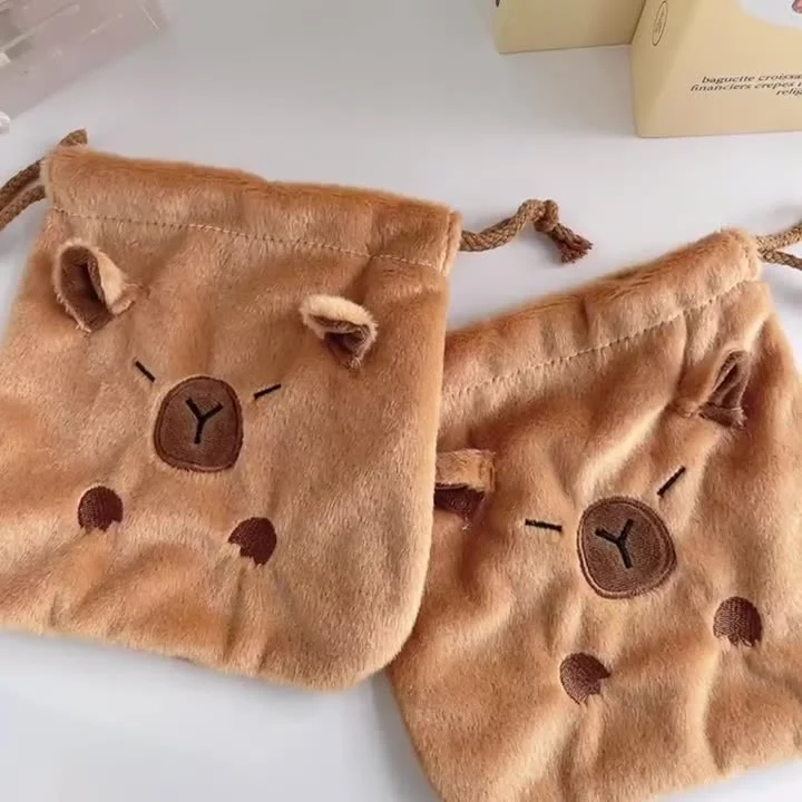 1PC Cute Capybara Plush Drawstring Bag Large Capacity Cotton Blend Storage Bag For Stationery And Gifts For Going Out