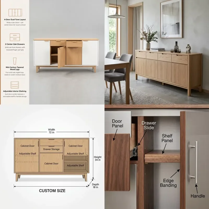 for   White Side Cabinet 4 Doors 2 Drawers Dining Buffet Medieval Style Tapered Legs Adjustable Shelving Scandinavian