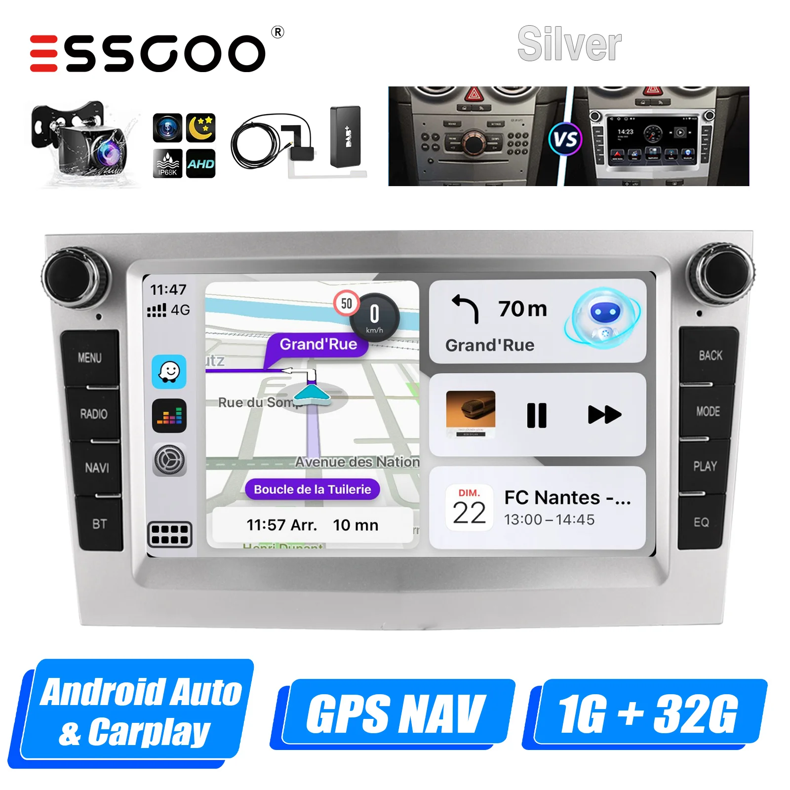 ESSGOO Android 14 4 + 64G CarPlay autoradio voor Opel/Vauxhall Astra G H Corsa C D Vectra Android Auto GPS NAV DAB + Zilver