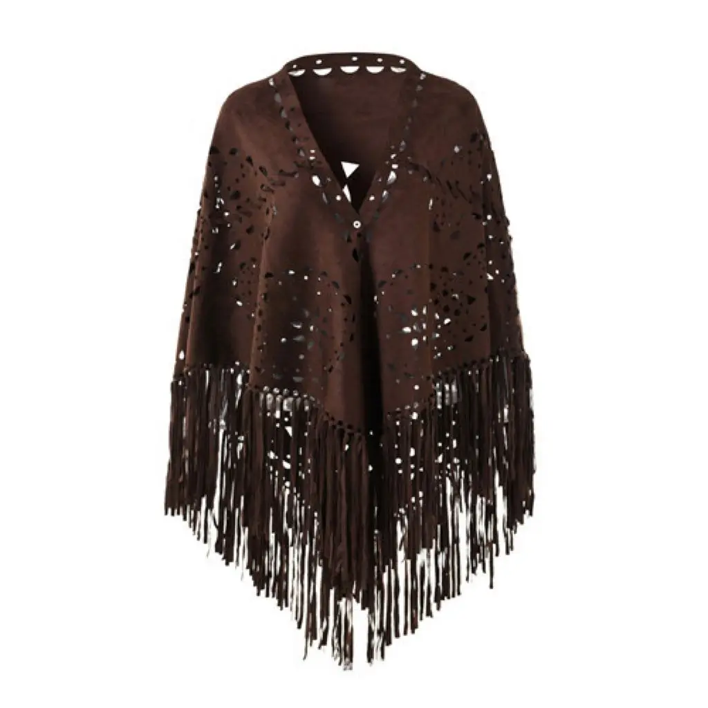 Autumn Winter Womens Suede Hollow Flowers Tassel Cape  Warm Scarf