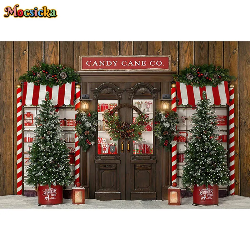 크리스마스 사진 배경 캔디 케인 가게 소박한 나무 겨울 소나무 장식, 어린이 생일 크리스마스 가족 초상화 배경