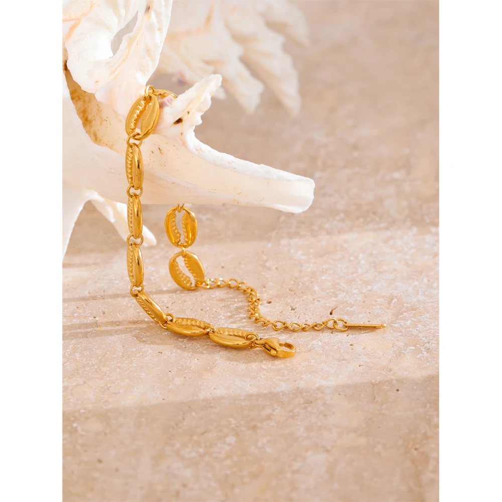 Yhpup Stainless Steel Metal Shell Gold Color 18K Plated Fashion Beach Holiday Bracelet Handmade Waterproof Summer Jewelry