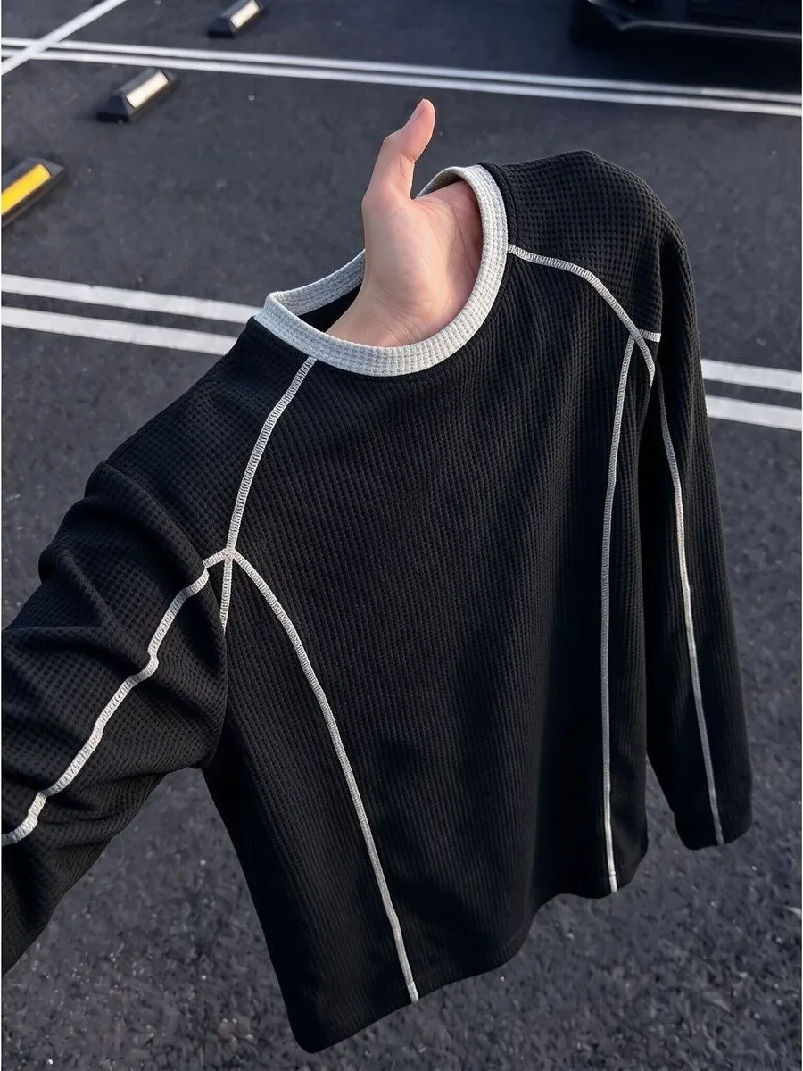 Men's Sporty Long Sleeve T-Shirt round Neck Sweatshirt Inner Wear Base Shirt Casual Style Checkered Pattern Autumn Season