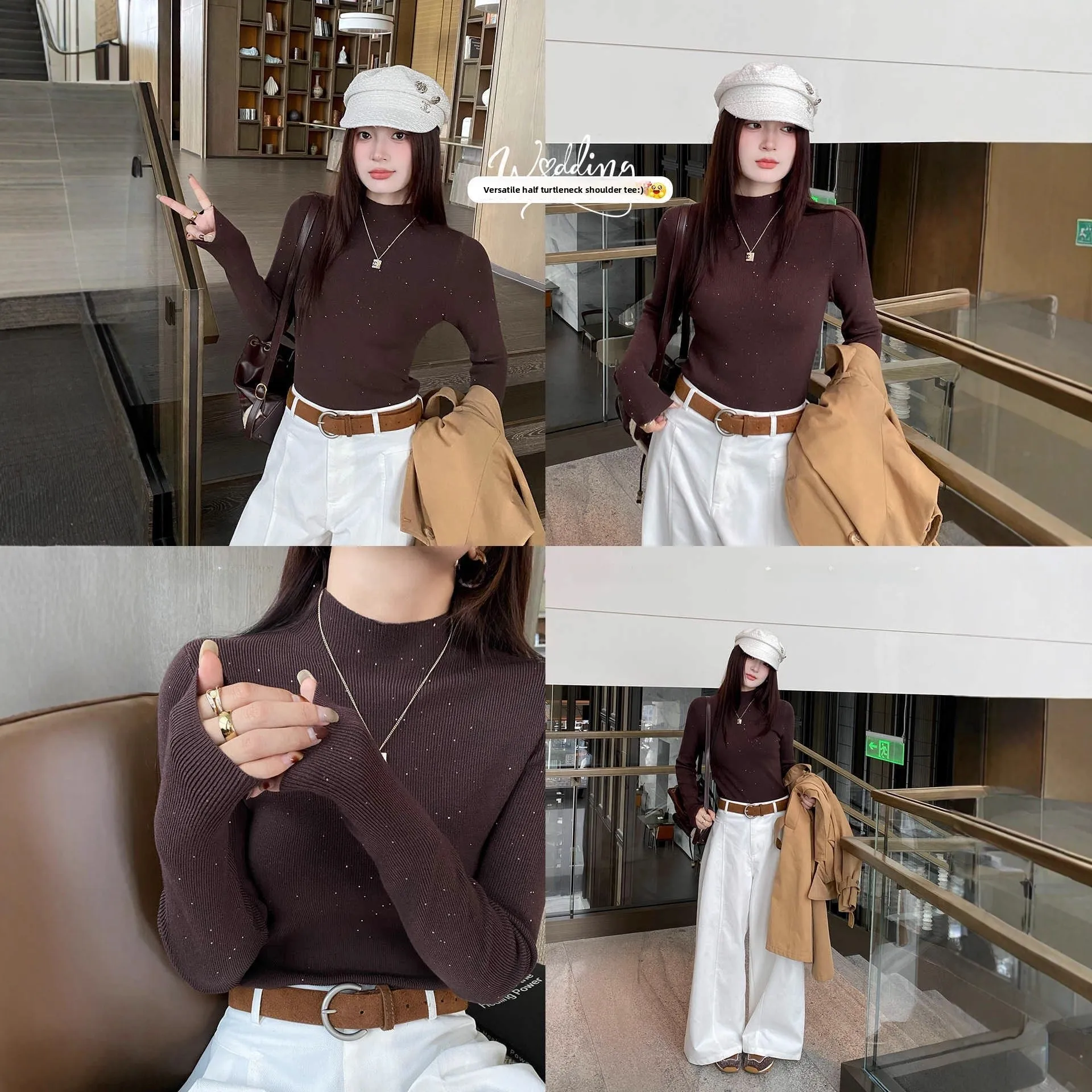 Chemise tricotée à col mi-haut marron Caramel, vêtements d'intérieur pour femmes, nouveau Style, pull au toucher Premium, début d'automne 2025