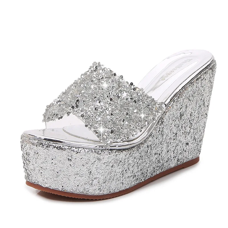 Women Wedge Slides Slippers Summer Beach Slipper Casual Gold Silver PVC Mules High Heels Sandals Sequine Platform Ladies Shoes