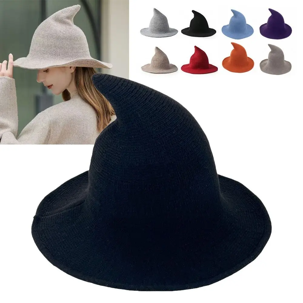 Wool Knit Halloween Witch Hat Solid Color High Quality Party Hat Pointed Design Foldable Halloween Party Hat Halloween Party