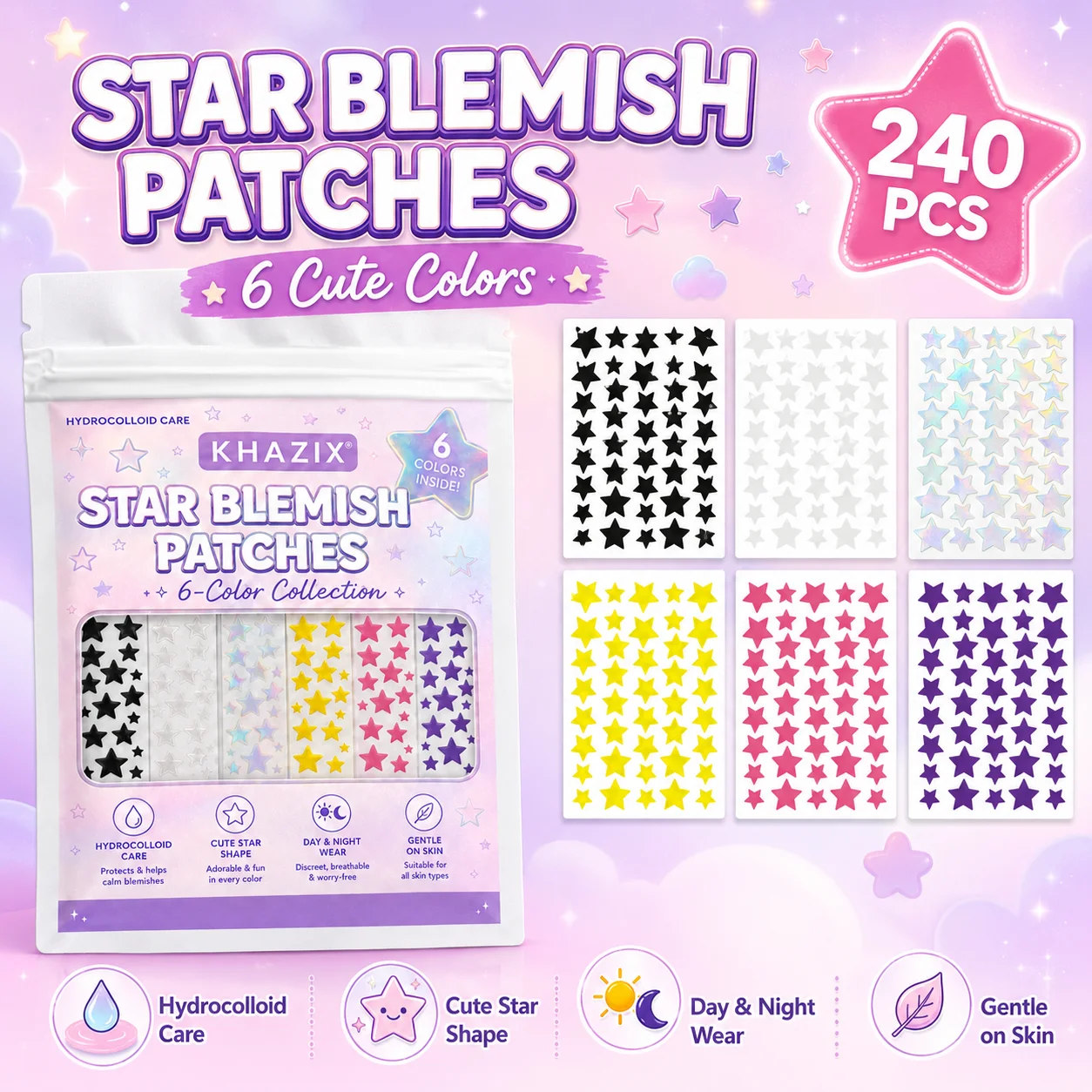 240PCS Star Pimple Patches For Face Hydrocolloid, Absorbing Cover, Tea Tree, Hydrocolloid Acne Patch, Cute Star Pimple view 2