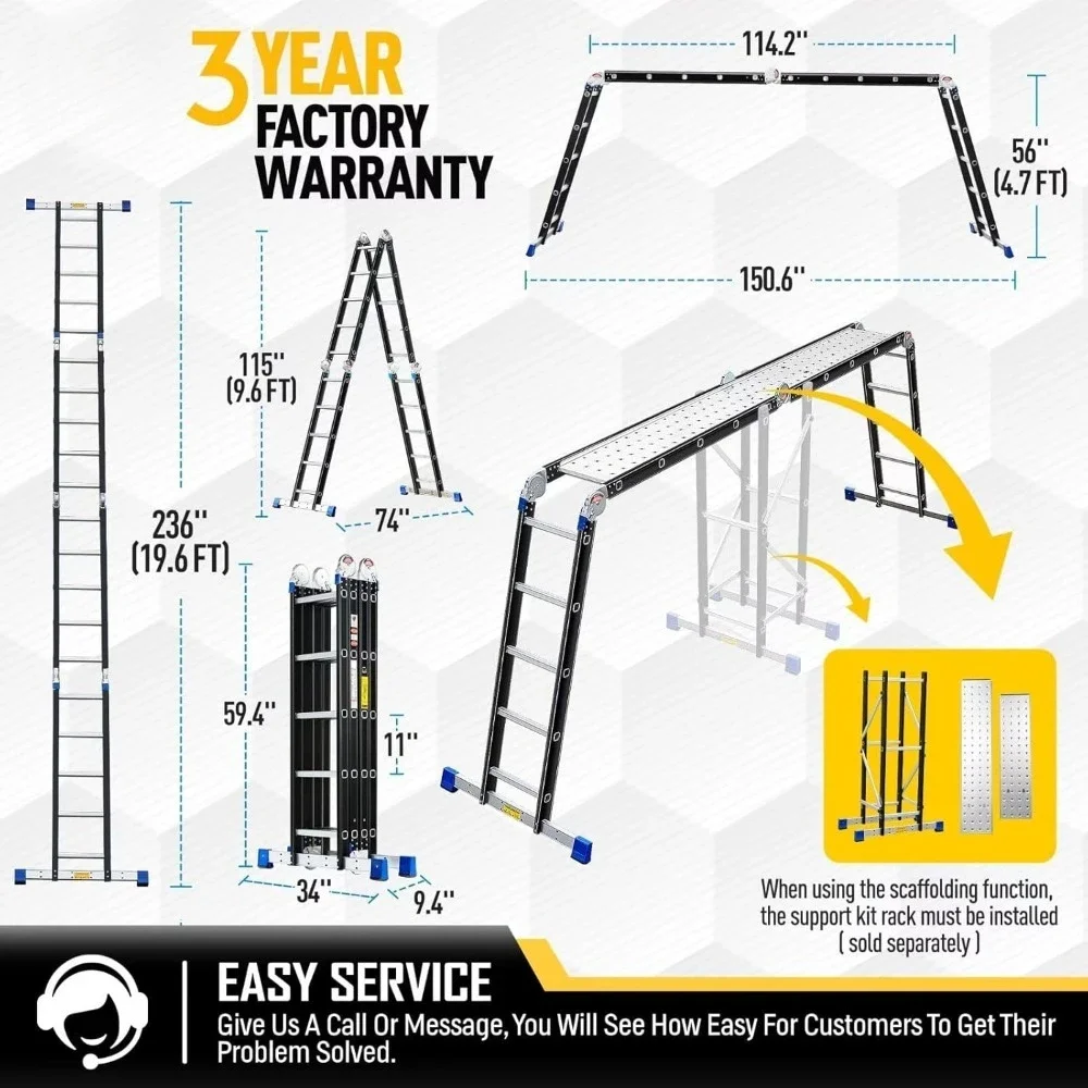 Step Ladder, Folding Ladder  Multi-Purpose Aluminium Extension Ladders, 7 in 1 Folding Adjustable Telescoping Step Ladder 330lbs