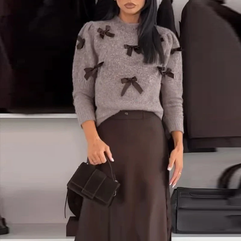 여성 캐주얼 반팔 솔리드 투피스 세트 우아한 리본 장식 포켓 수트 패션 O넥 풀오버 니트 & 새틴 스커트 세트