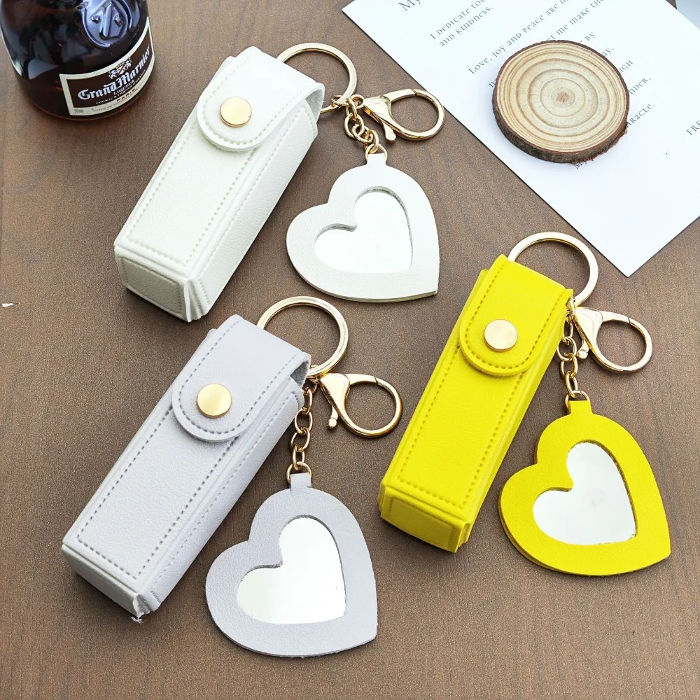 Solid Color Fashion Heart Shaped Mirror Lipstick Holder Keychain Decoration Creative Women Pendant Bag Keyring Gift Accessory - view 3