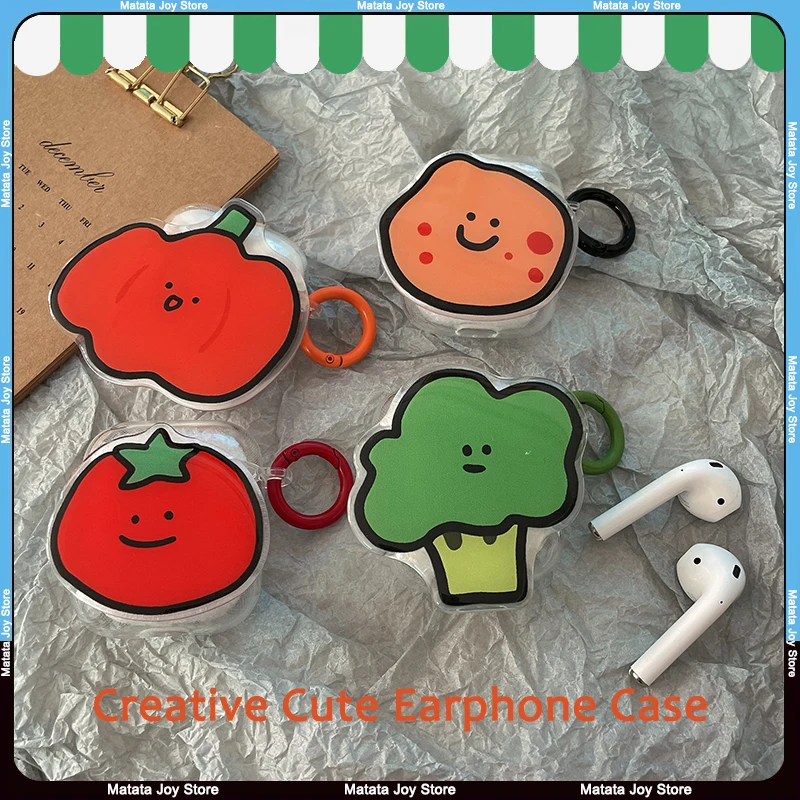 Funda creativa para auriculares con cara sonriente y brócoli de tomate para AirPods Pro 2, funda protectora para auriculares, bonito Color transparente con dibujos animados