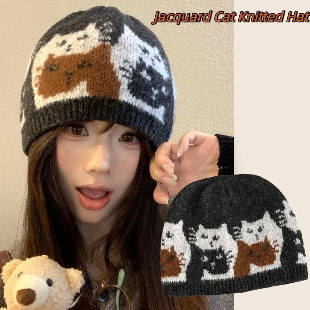 

Warm Jacquard Cat Knitted Hat Printed Wool Jacquard Pattern Beanies Fair Isle Style Cute Printing Knit Cap Apparel Accessories