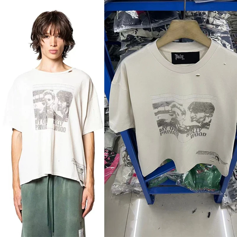 Oversize Graffiti Letter Print T‑shirt Cement White Cotton O‑Neck Retro Paly Short Sleeve Tee Elasticity Unisex New Arrival