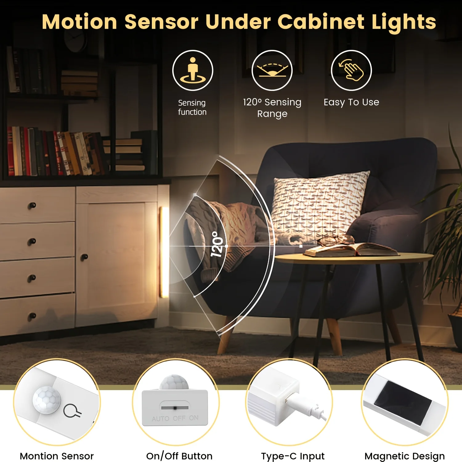 3pcs LED Motion Sensor - Dimmable Cabinet Lights, USB Rechargeable,3Color Modes,Night Light, for Bedroom,Staircase, Kitchen,Room image 6