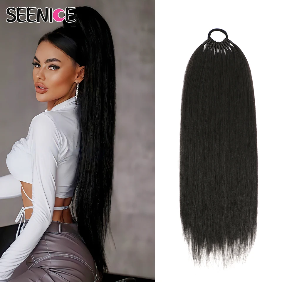 Long Straight Synthetic Ponytail Hair Extensions 24Inch Ombre Copper On Elastic Band Natural Hairpiece Heat Resistant For Women