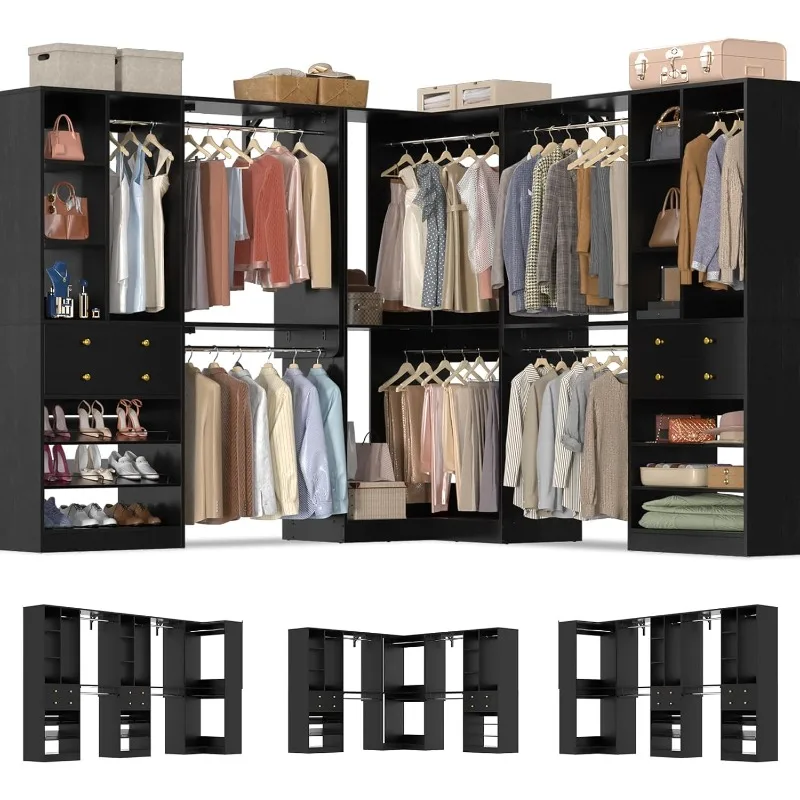 

System with Corner(3 Sets), 91.5" * 91.5"/31.5" * 151" Closet Organizer System with 4 Drawers and 8 Hanging Robs, R