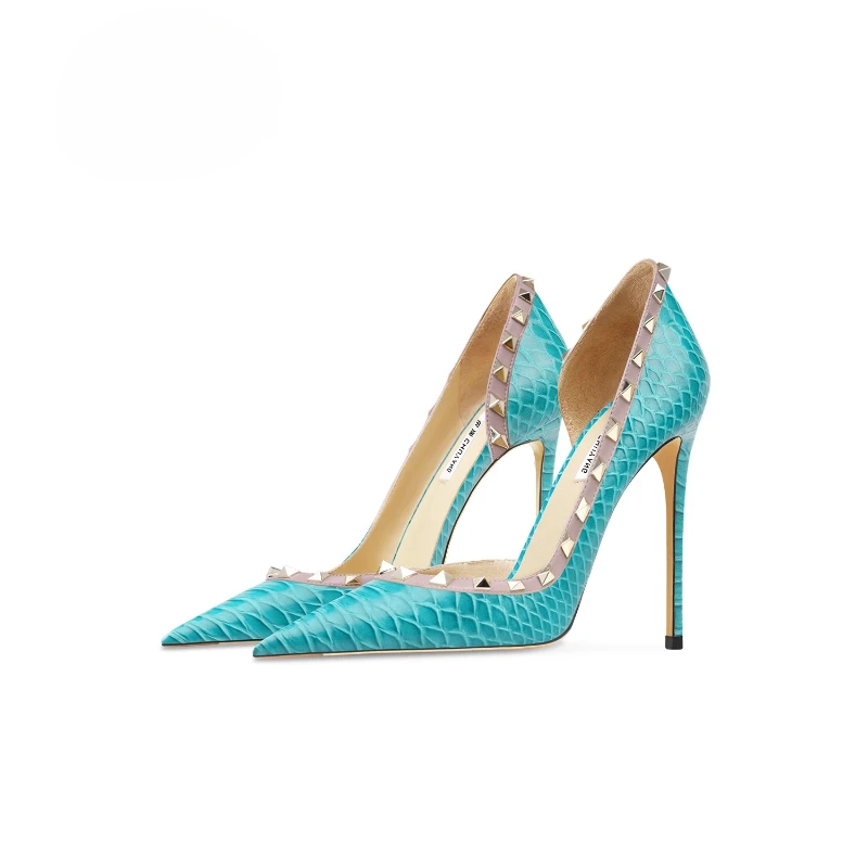 

Кожаные женские туфли на высоком каблуке с синими заклепками и пустыми высокими каблуками, сексуальные темпераментные универсальные туфли на одном каблуке с неглубоким носком