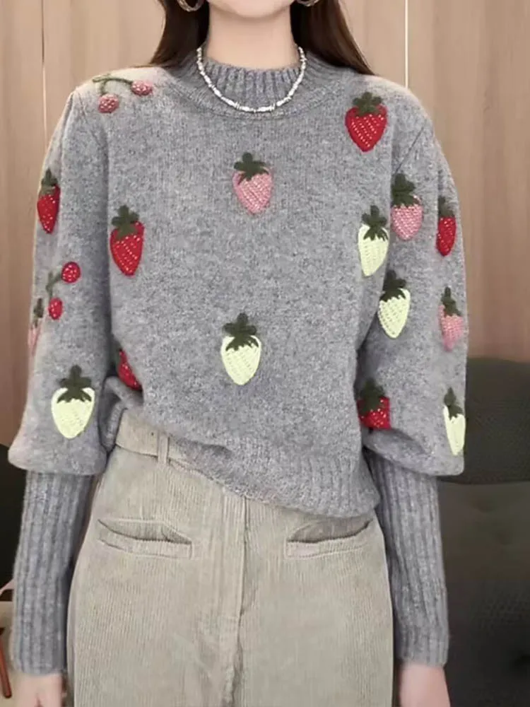 Casual Hook Flower Strawberry Knitted Round Neck Pullover Sweater 2024 Autumn New Fashionable Women'S Clothing