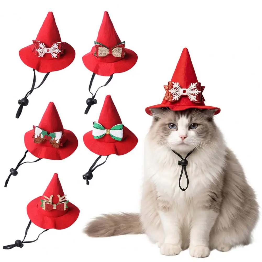 Christmas Cat Hat Cat Pointed Christmas Hat Adjustable Pet Hat with Bow Cute Holiday Party Photo Props for Small to Medium Cats
