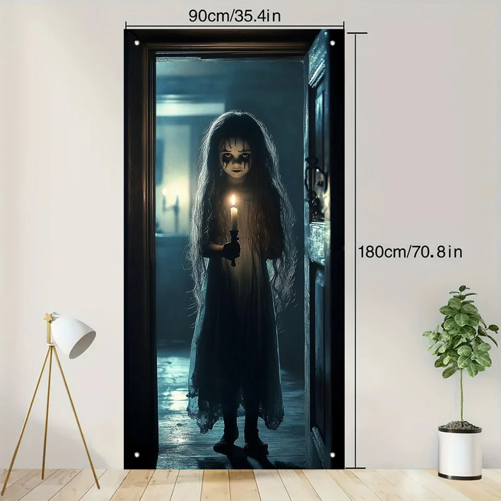 2D flaches Halloween-Polyester-Türbanner – mit gruseligem Mädchen-Design, geeignet für Party-Hintergrund, gruseliges Thema