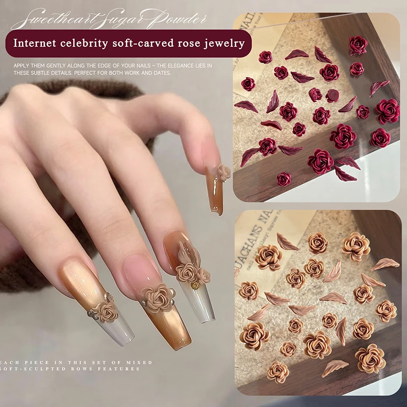 50 Uds. De tamaños mixtos 3D, hermosas flores rosas florecientes, hojas, adhesivo de resina para decoración de uñas, decoraciones de diamantes de imitación, dijes Kawaii para manicura