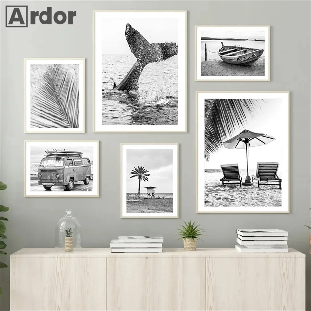 

Black And White Sea Beach Boat Palm Leaf Nordic Posters And Prints Whale Wall Art Canvas Painting Picture Living Room Home Decor