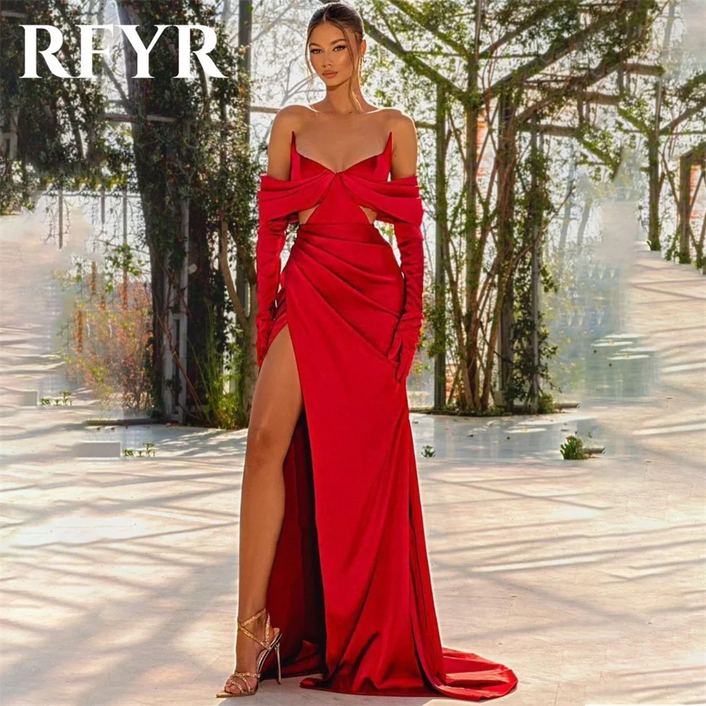 

RFYR Red V-Neck Evening Dresses for Party Pleats Satin Split Sexy Mermaid Prom Gowns Off the Shoulder Celebrity Dress Customized