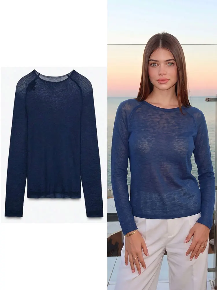 HH Fashion Festival Womens O Neck Vintage Party Slim Navy Pullover Top Casual Business Summer Beach Vacation Long Sleeve Top