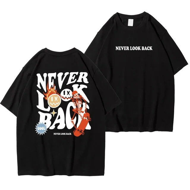 

Never Look Back Creative Smile Skull Printing Cartoons Street Print Tshirt Man Loose Tee Clothes Cotton Crewneck Tops T-Shirt