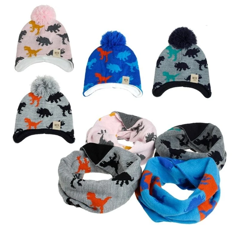

J15U Girls Knit Hat and Bib Windproof Soft Cartoon Dinosaur s Knit Hat Warm Chunky Cold-proof Scarf for Cold Weather