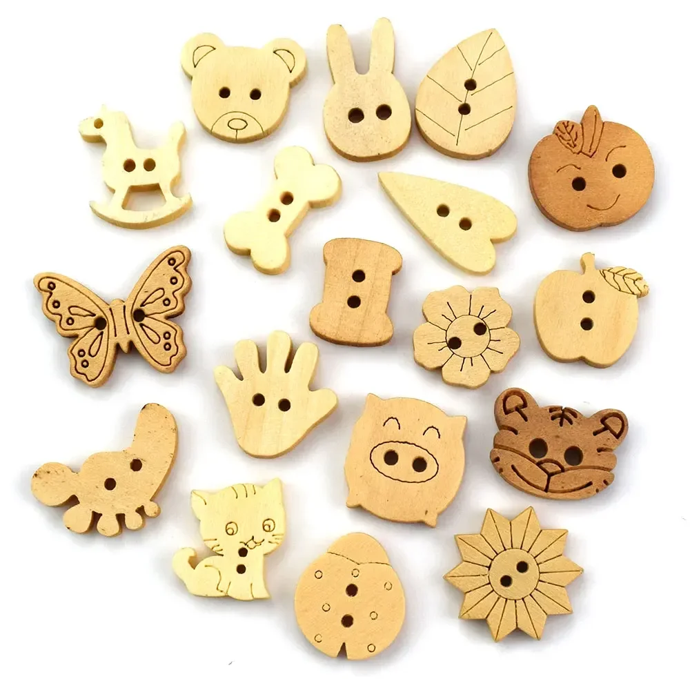 50PCS 2 Holes Natural Wooden Buttons Embellishments Star Horse Bow Cat Bear Flower Children Button Diy Decorative Wood Button