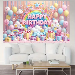 Happy Birthday Party Decoration Kids Birthday Background Photography Backdrop 3D Rainbow Balloon Gift Box Theme Pink Banner