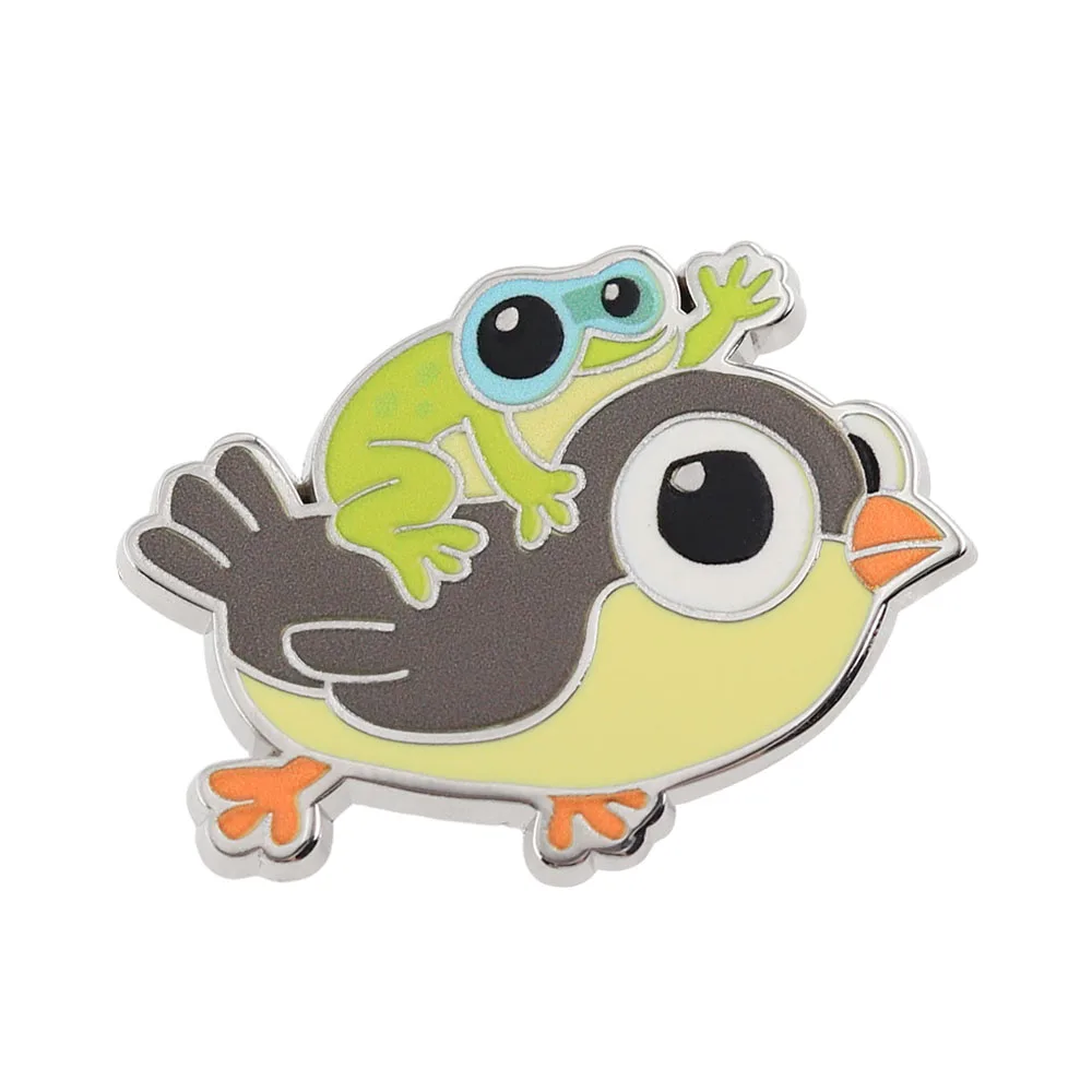 Niedliche Frosch auf Vogel reitende Emaille-Pins Kawaii Tier Frosch mit Fernglas Broschen Lustige Cartoon-Abzeichen Rucksack Anstecknadel Schmuck Geschenk – Detail 1