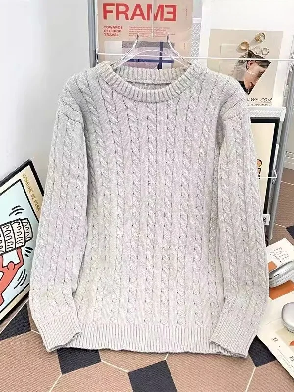 

Мужской вязаный свитер Heavyweight: осенне-зимний, свободный крой, круглый вырез, с узором «косы», повседневный, базовый слой, винтажный трикотаж