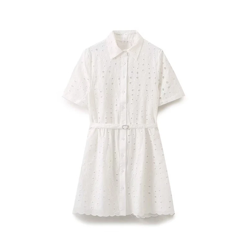 Robe chemise blanche brodée évidée pour femme, manches courtes avec ceinture, mini robe décontractée pour femme, robe de bureau, mode éducative, été