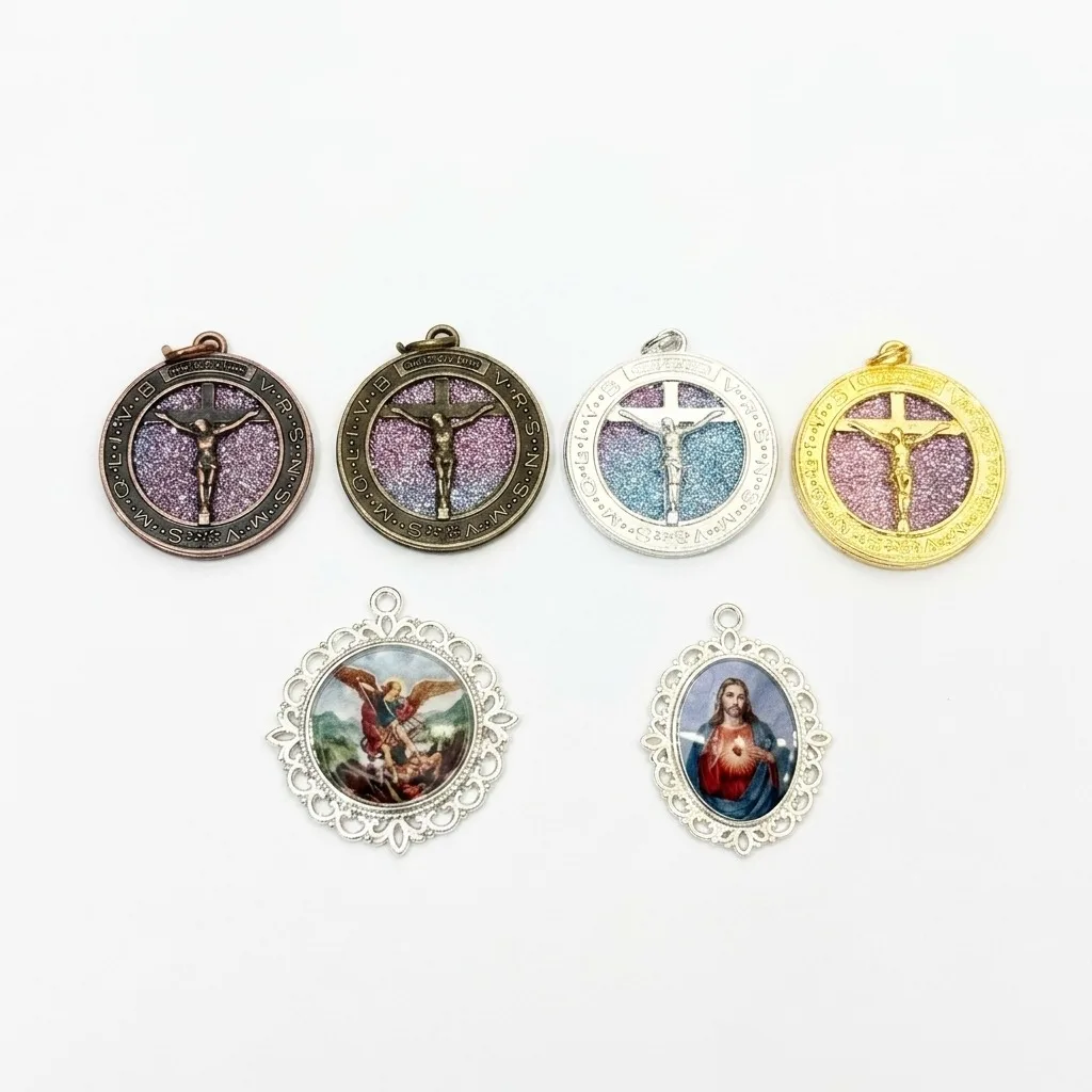 5Pcs Round Glitter Crucifix Medal Zinc Alloy Lace Frame Photo Religious Pendant DIY Rosary Necklace Charm