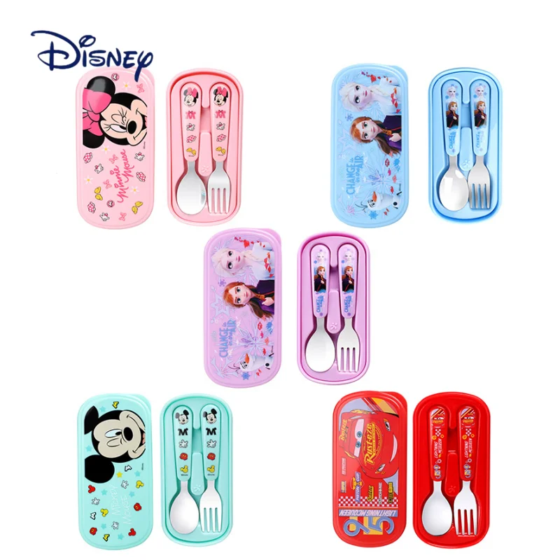 Disney Mickey 2 Piece Stainless Steel Cutlery Set Cute Kawaii Minnie Kids Fruit Fork Cartoon Print Lightning McQueen Spoon Set