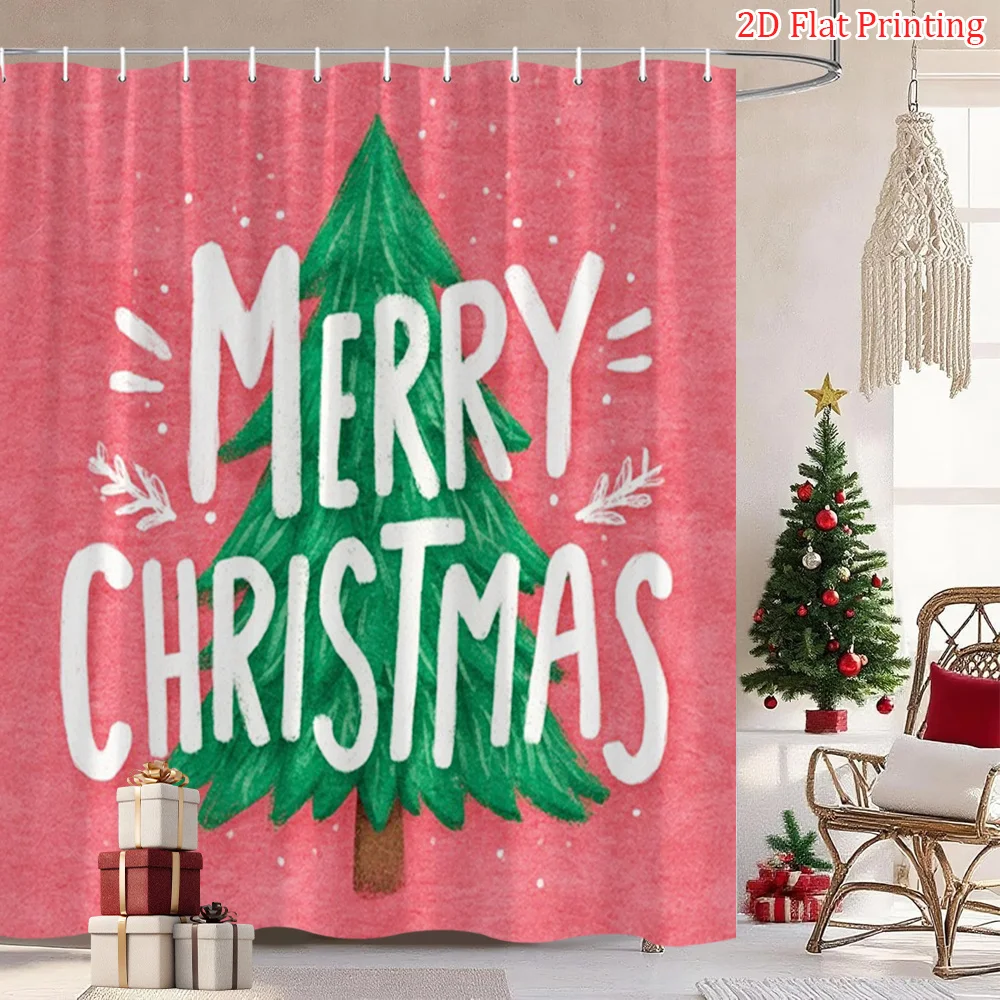 

1 шт. праздничная рождественская занавеска для душа - розовый полиэстеровый декор для ванной комнаты с принтом «Веселого Рождества», снежинки и дизайн зеленой елки