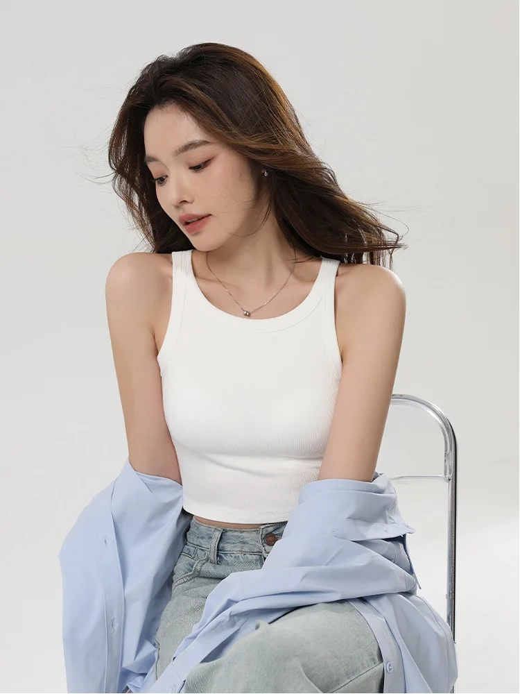 Soft Elastic Knitted Fabric Slim-Fit Versatile Tank Top with Built-in Pads