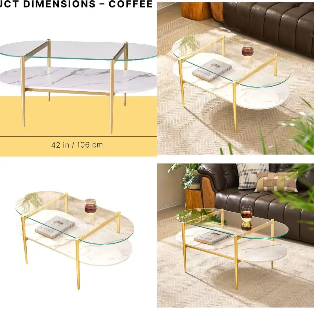 

Современный двухуровневый капсульный журнальный столик, 42, столешница из прозрачного стекла, полка из МДФ из белого мрамора, золотые металлические ножки