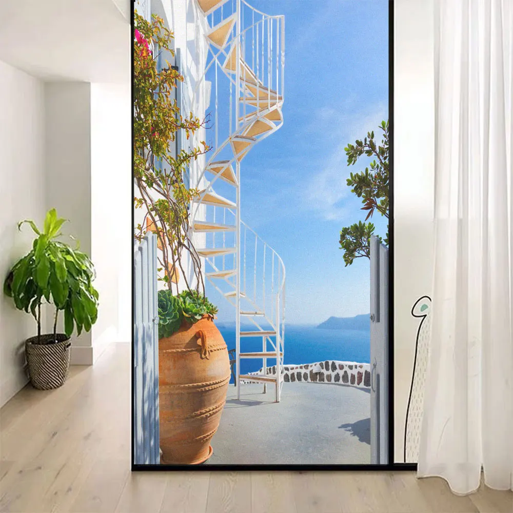 

Seascape Pattern Privacy Window Film PVC Frosted Glass Door Stickers Glue-Free Static Adhesive Sun Glass Windows Tint Film