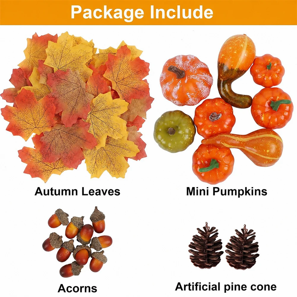 Herbstdekoration DIY 50 Stück Künstliche Kürbisse, Tannenzapfen und Ahornblätter für Thanksgiving, Halloween, Heimtisch, Erntefest und Herbstdekoration – Detail 1