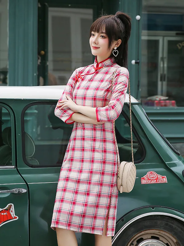 Checkered Cheongsam Girl Elegant Cheongsam Chinese Cheongsam Skirt Art Fresh Student Qipao Daily Fashion Short Cheongsam Dress