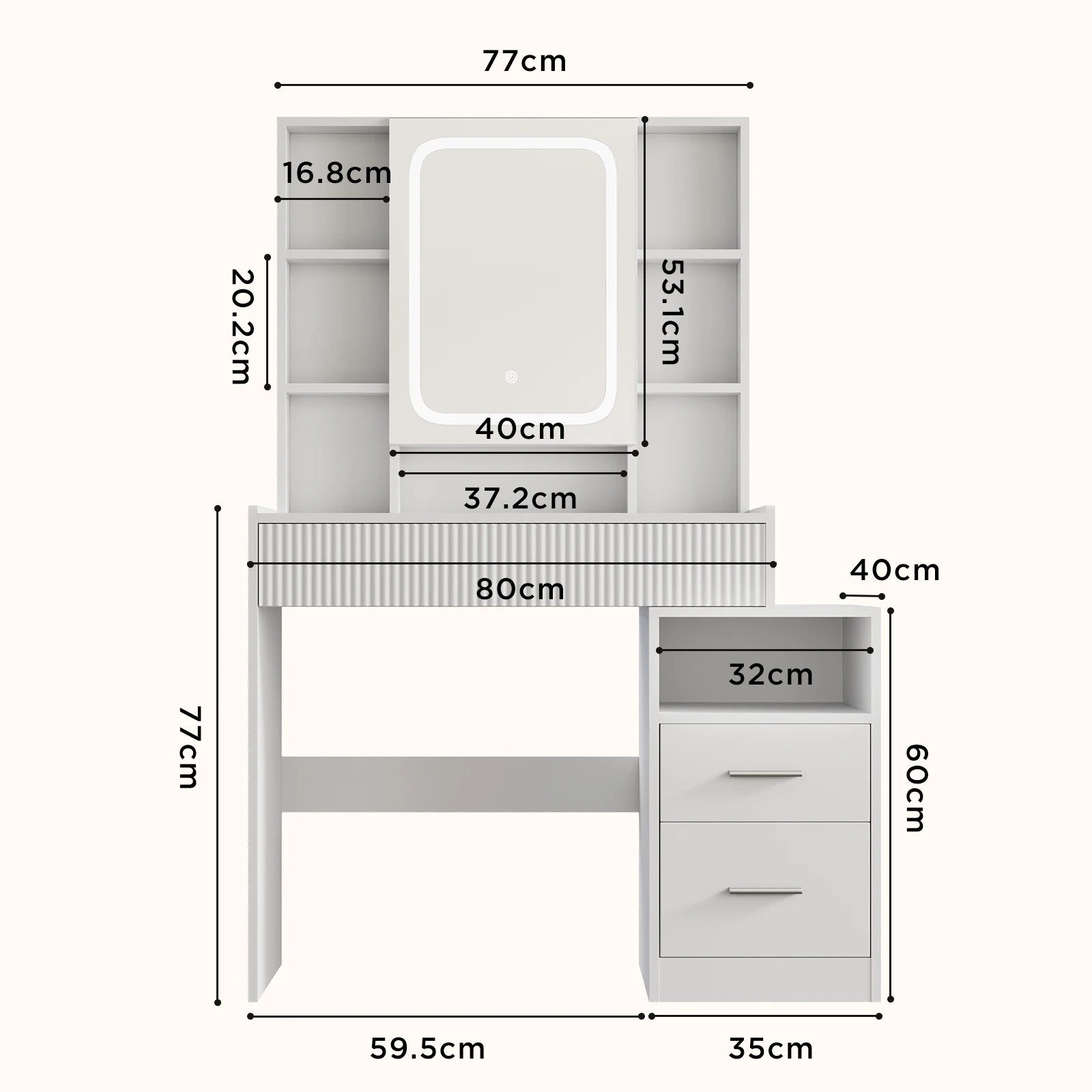 طاولة زينة HOMAVO مع مرآة LED، 3 أدراج و8 حجرات مفتوحة، 96.5x40x141 سم