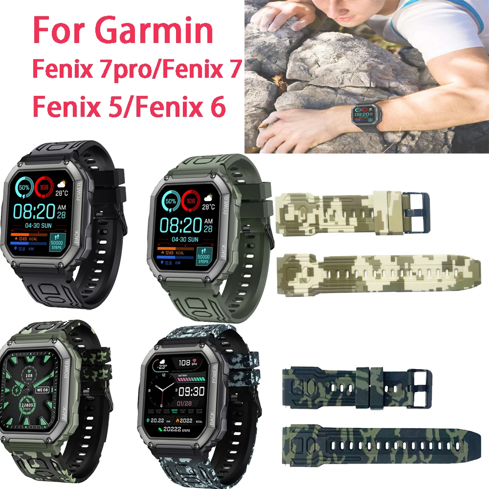 

Камуфляжный силиконовый ремешок с принтом 22 мм для Garmin Fenix 7pro/Fenix 7/Fenix 5/Fenix 6, сменный ремешок для часов, аксессуары